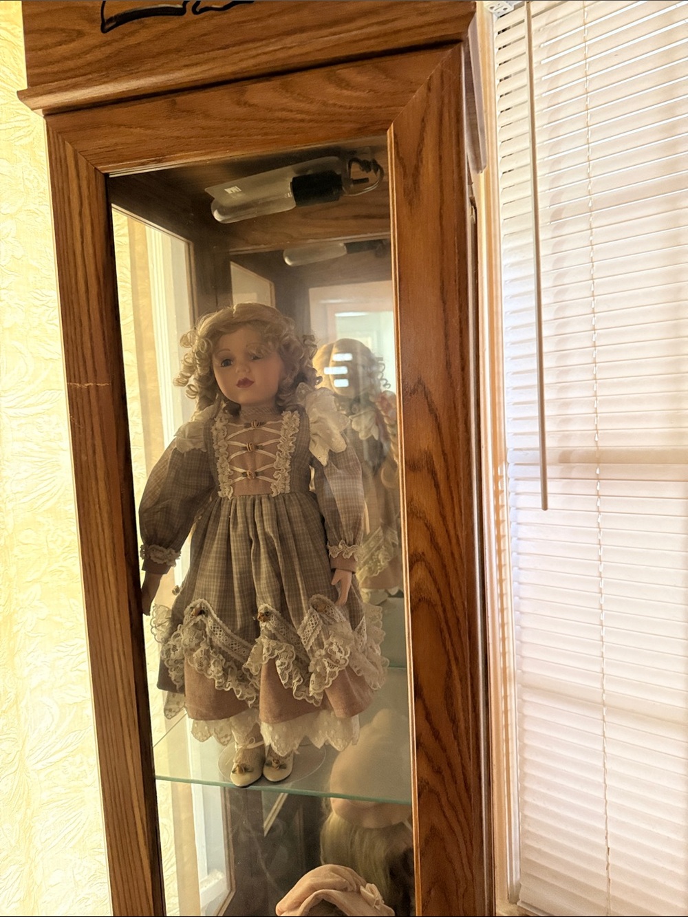 Porcelain Fashion Doll in Blue-Grey Plaid Dress by
